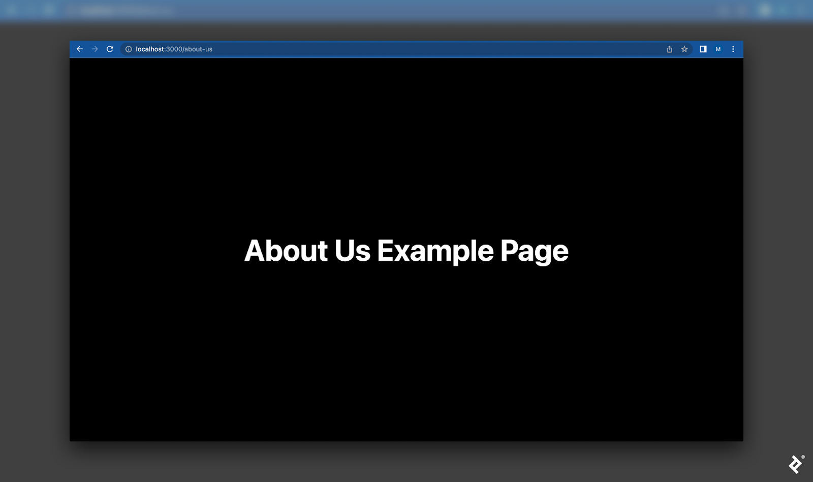 A website at the address “localhost:3000/about-us” displays “About Us Example Page.”