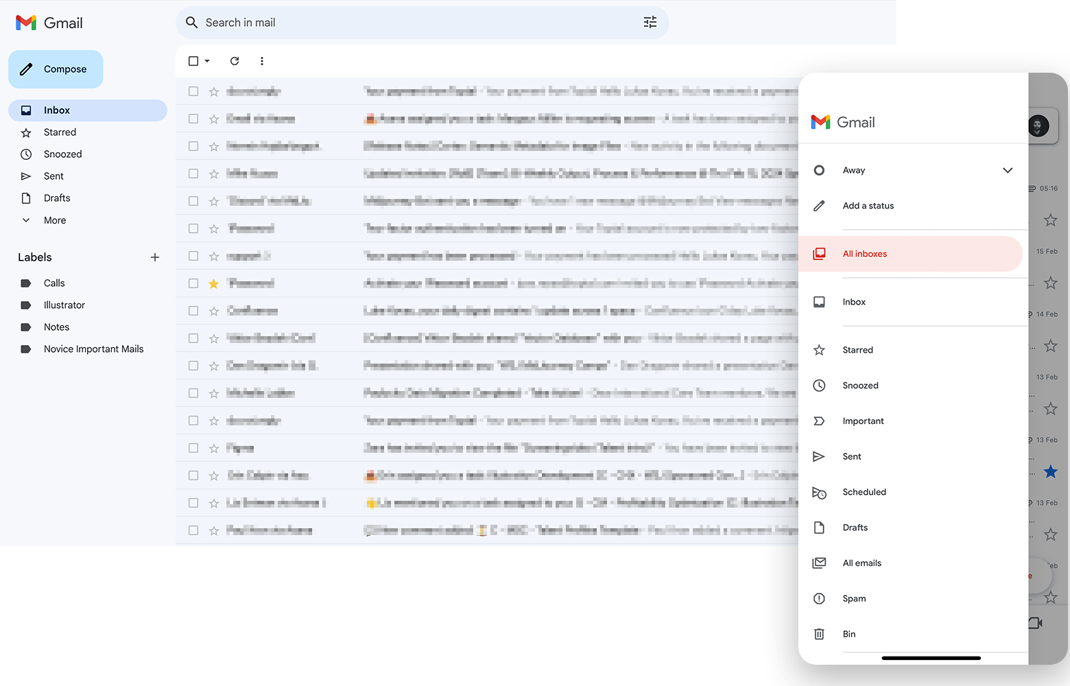 A comparative view of Gmail for desktop and mobile, both with side navigation.