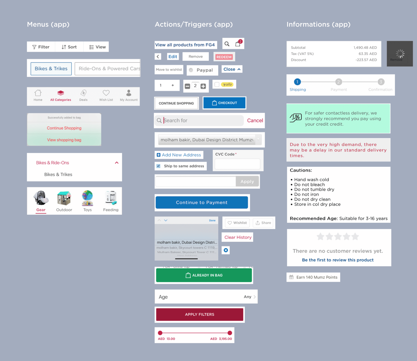 Three columns show an inventory of solutions for menu navigation, action triggers, and informational displays. The first column, labeled “Menus,” has several screenshots of buttons, with labels including “Filter,” “Sort,” “View,” “All Categories,” “Gear,” and “Toys.” The second column, labeled “Actions/Triggers,” includes buttons such as “Edit,” “Checkout,” “Redeem,” and “Continue to Payment.” The third column, labeled “Informations,” has information portrayed to shoppers, including the checkout screen with subtotal cost, a shipping tracker, and washing instructions. The buttons and information use various colors and fonts.