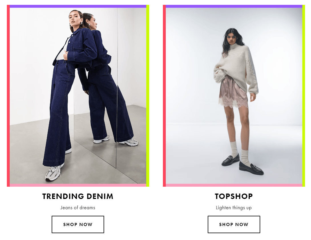 ASOS’ desktop site with call-to-action buttons to shop two categories: Trending Denim and Topshop.