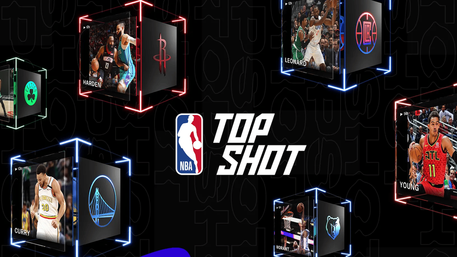A black rectangle featuring the NBA logo and the words Top Shot in the center, surrounded by neon-bordered cubes featuring action shots of professional basketball players and icons of the teams they represent.