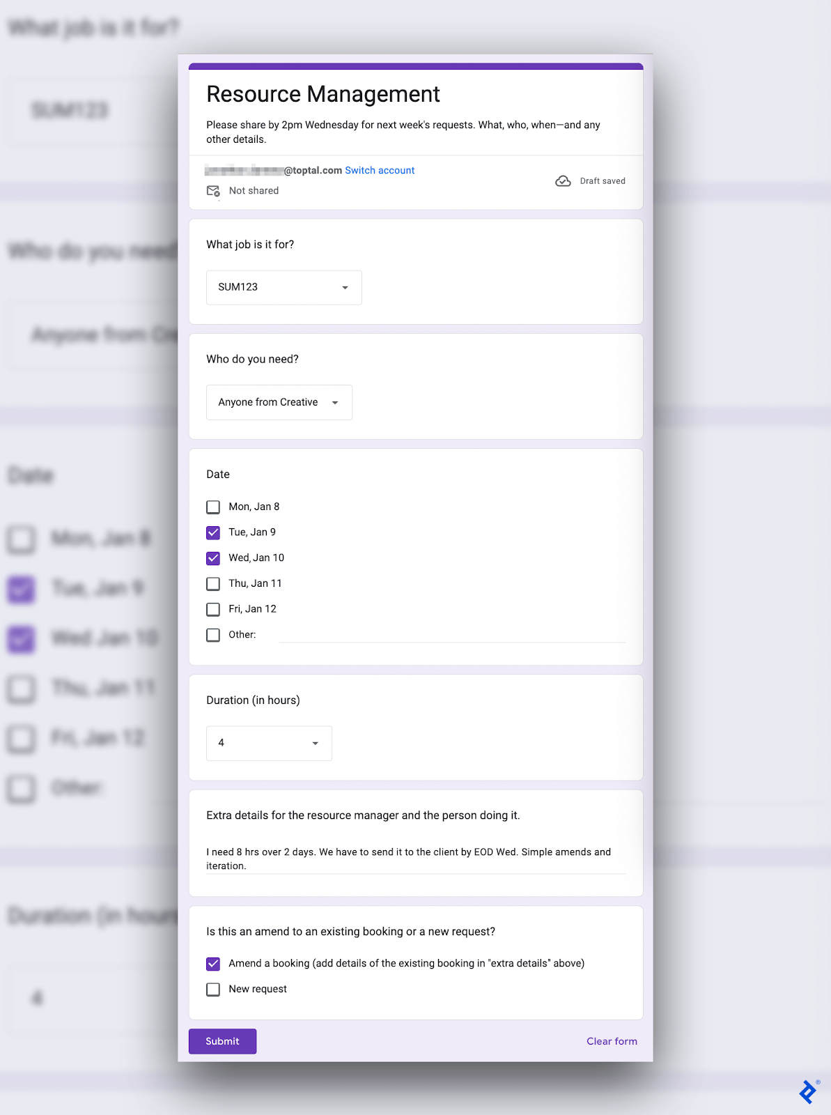 A resource request form includes fields for job code, staff members needed, date, duration, extra details, and whether it’s a new or amended request.