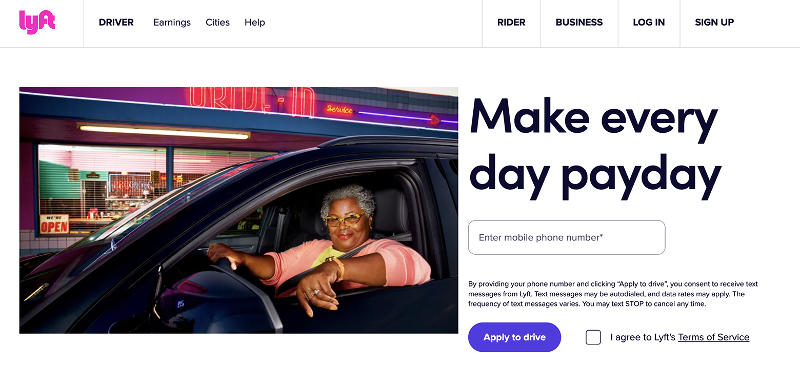 Lyft’s squeeze page only asks for the prospect’s phone number to jump-start their partnership with the ride-booking company.