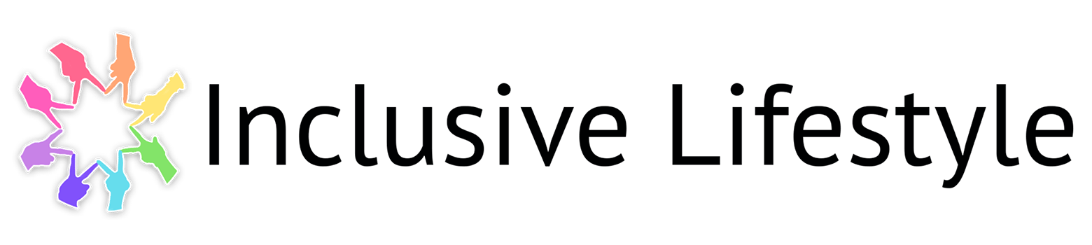 The orignal logo and logotype in a rebranding case study: On the left, a circular motif comprised of multicolored peace signs. On the right, the company name Inclusive Lifestyle in black.