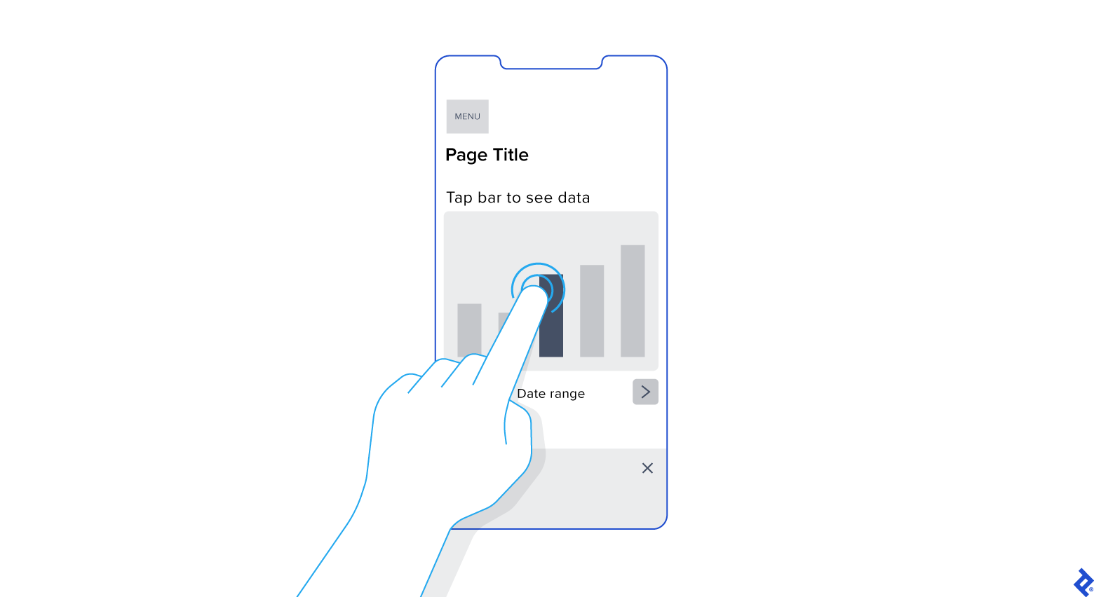 This mockup of a mobile app dashboard design replicates a desktop hover state via the user’s physically tapping on the bar of a graph to display more information.