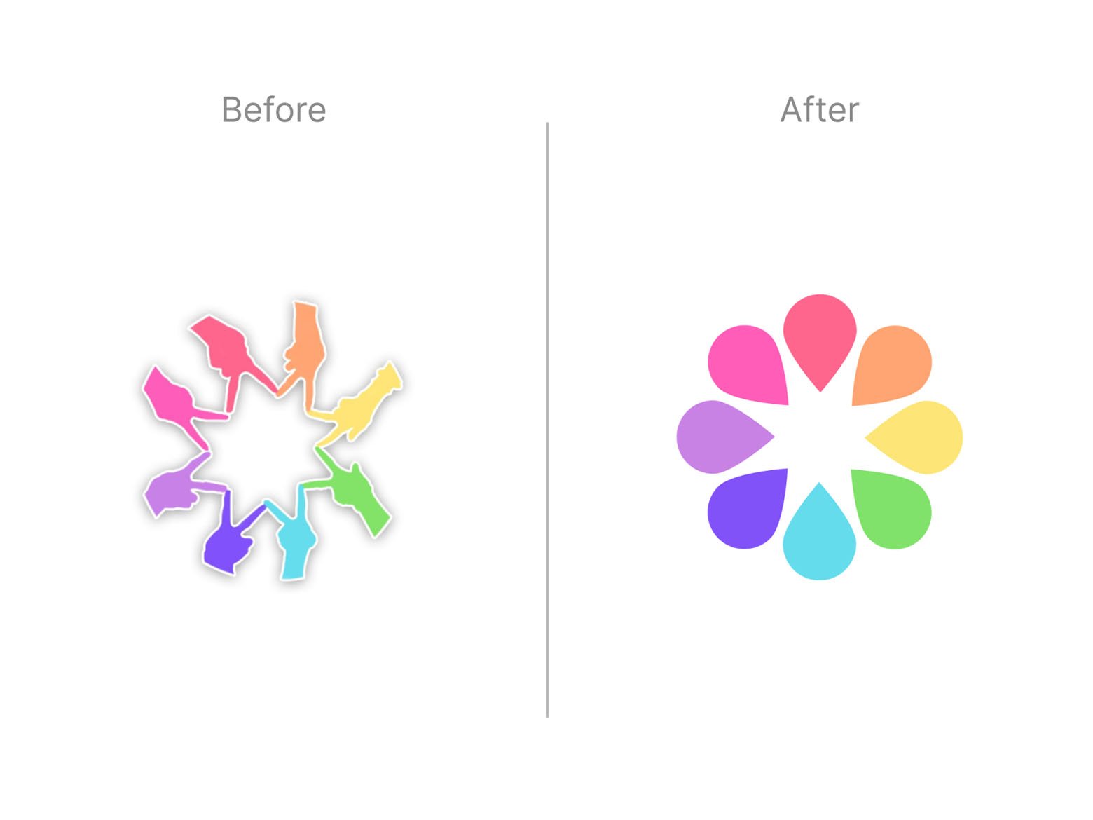 A comparison of the old and new Inclusive Lifestyle logo icons in a rebranding case study. On the left is a circle motif of multicolored peace signs. On the right is a circular motif of multicolored flower petals.