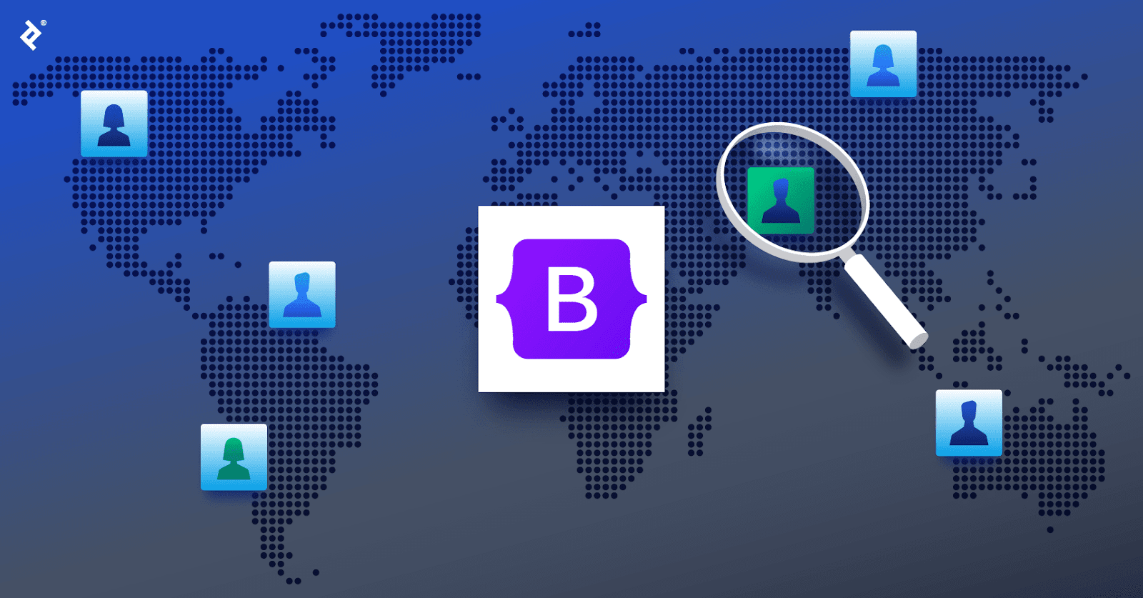 The Bootstrap logo over a global map, with blue developer icons in various locations and a magnifying glass over a green developer icon.