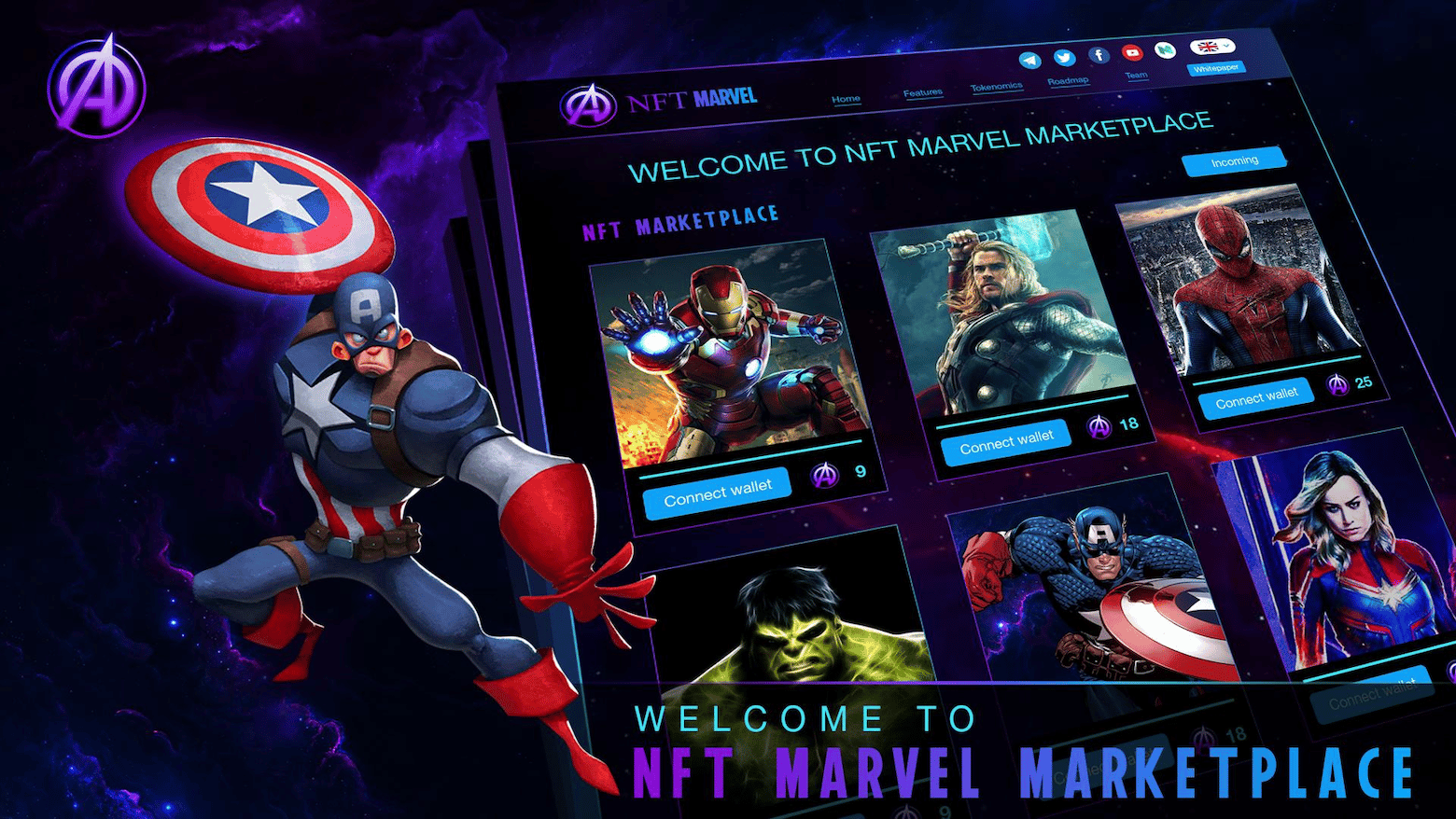 A black rectangle featuring a cartoon Captain America figure on the left and an array of Marvel superheroes in individual boxes, as they might appear in trading cards. At the bottom is text that reads “Welcome to NFT Marvel Marketplace.”
