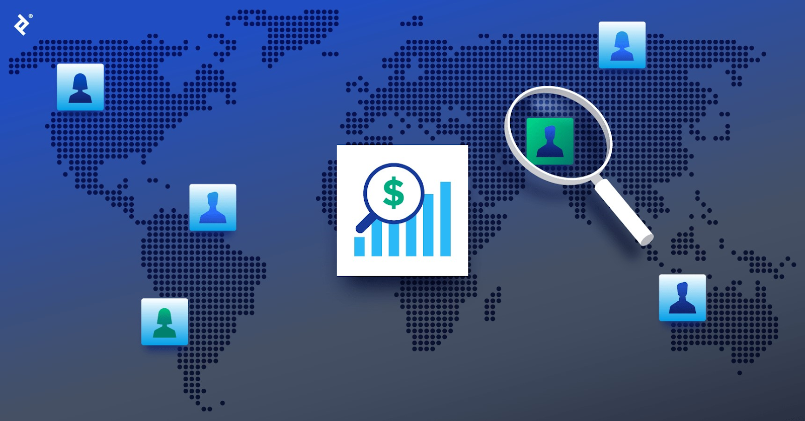 A magnifying glass frames a dollar sign on a bar chart, which floats over a global map with blue consultant icons and another magnifier on a green consultant icon.