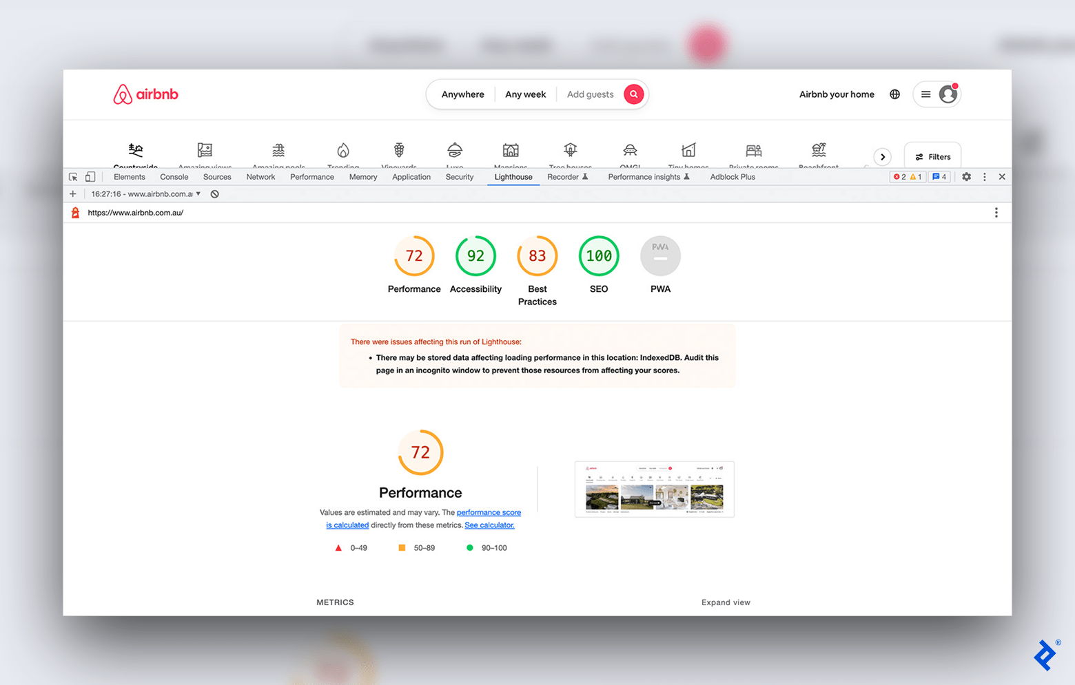 Google Lighthouse evaluates Airbnb’s performance, accessibility, best practices, and SEO on a 100-point system.