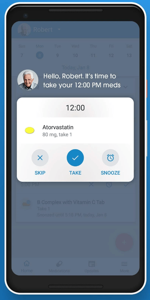 A dosage reminder notification on a Medisafe user’s smartphone lock screen.