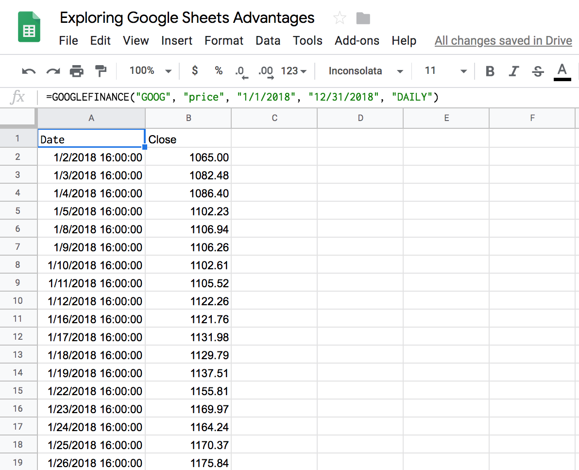 This table shows closing bell prices of Alphabet stock in January 2018, extracted by the Google Finance formula.