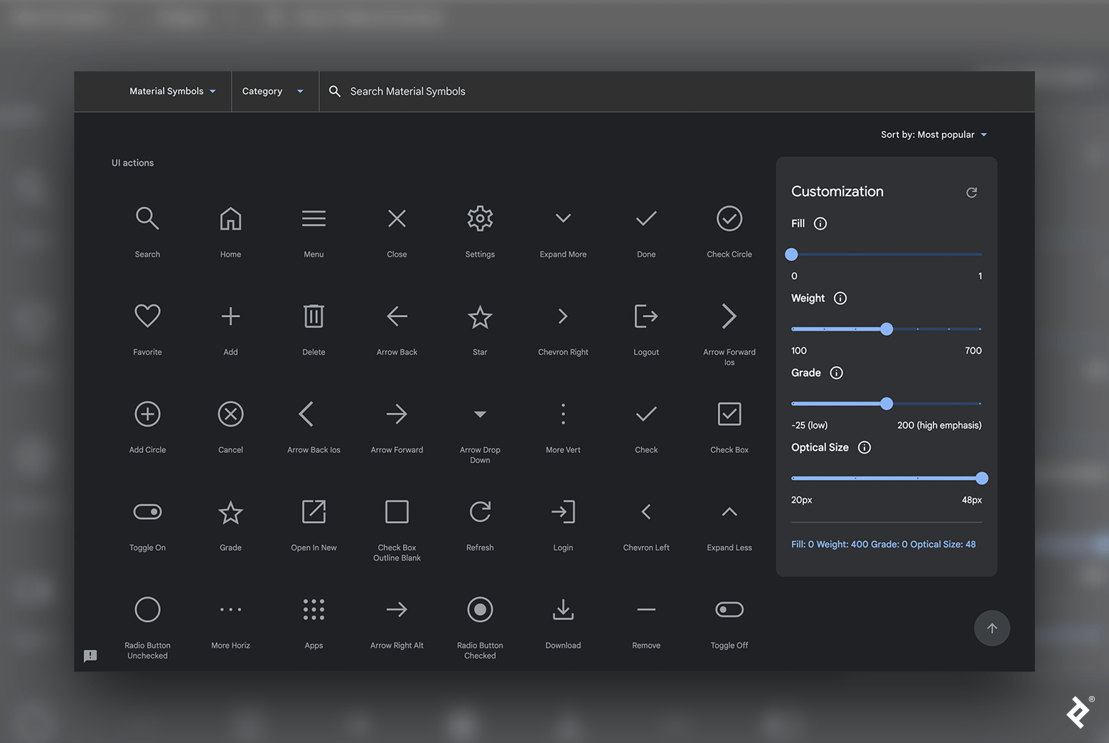 Examples of Google’s Material Symbols iconography are shown with a customization menu.