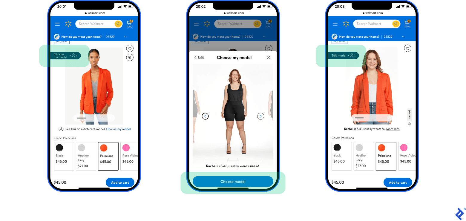 Three mobile phones displaying Walmart’s virtual try-on option with models of various sizes wearing an orange blazer.