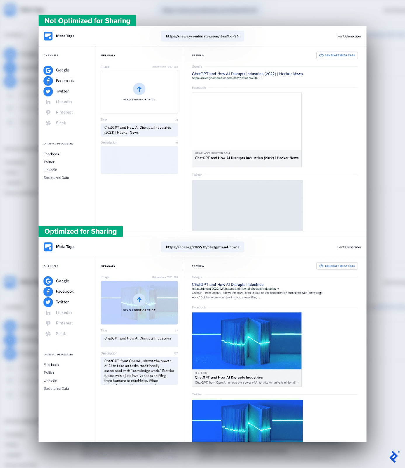 One article is optimized for sharing, another is not. Meta tags are absent in the former.