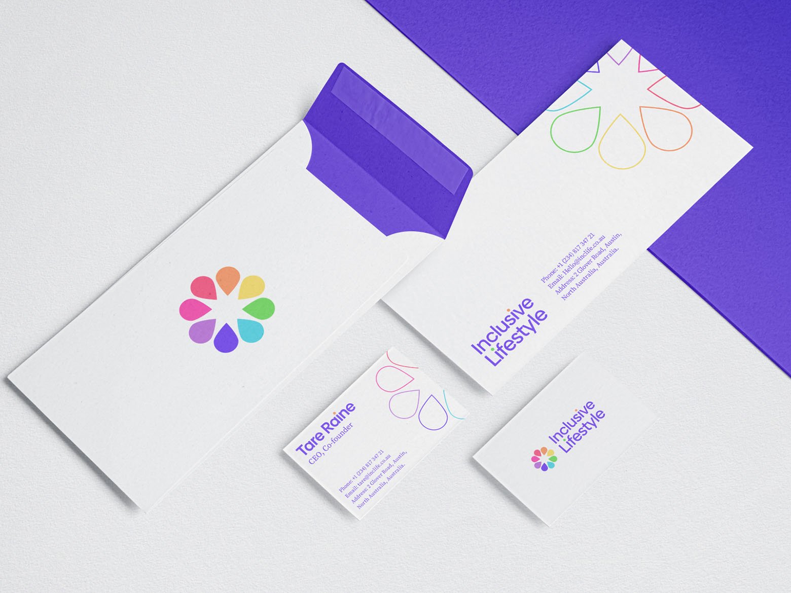 Inclusive Lifestyle’s rebranding case study: a selection of the company’s promotional swag and business cards per the new branding guidelines.