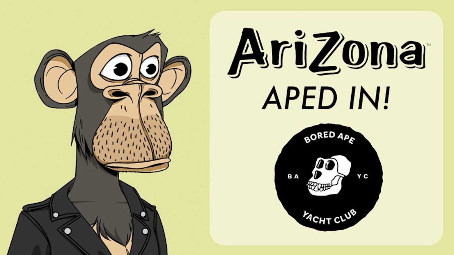 A yellow rectangle with a surprised-looking cartoon monkey wearing a motorcycle jacket on the left and text on the right reading “Arizona Aped In!” above the Bored Ape Yacht Club logo, featuring a cartoon monkey skull.