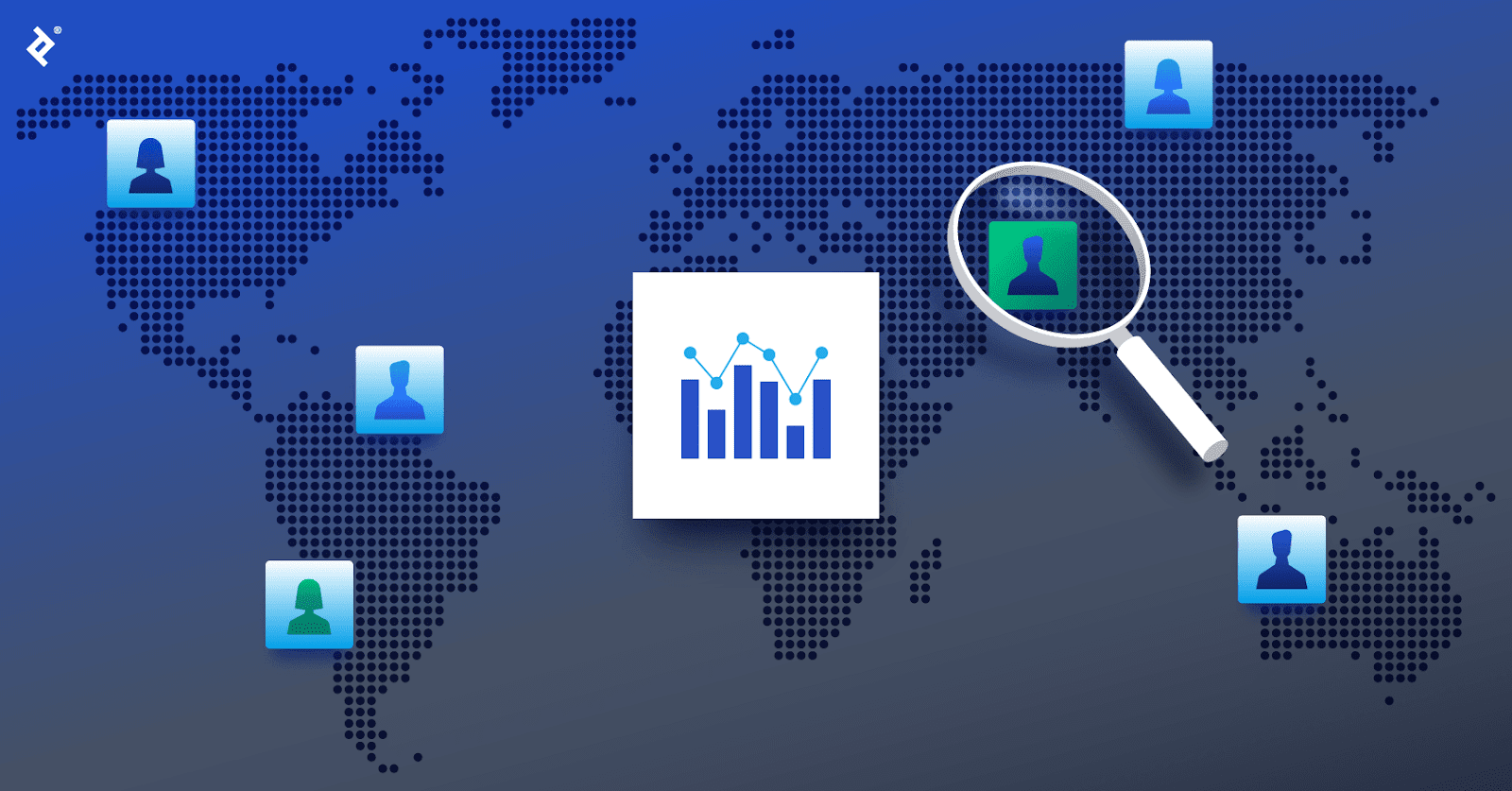 A line graph superimposed over a bar graph is shown in a box in front of a global map with blue client icons. A large magnifying glass highlights the green client icon.