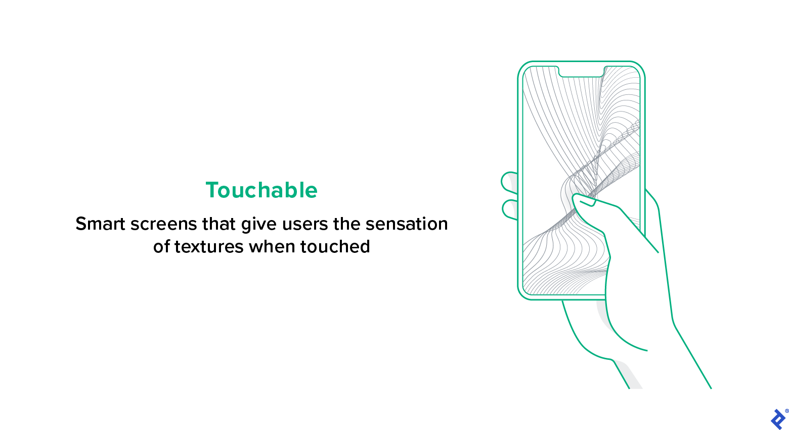Green text reads, “Touchable.” Smaller black text below it reads, “Smart screens that give users the sensation of textures when touched.” To the right of the text is an illustration of a hand holding a phone that appears to have a textured surface.