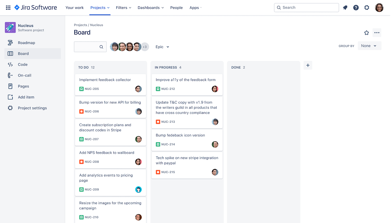Screenshot of a typical Jira Kanban board showing tasks to be done and tasks in progress.