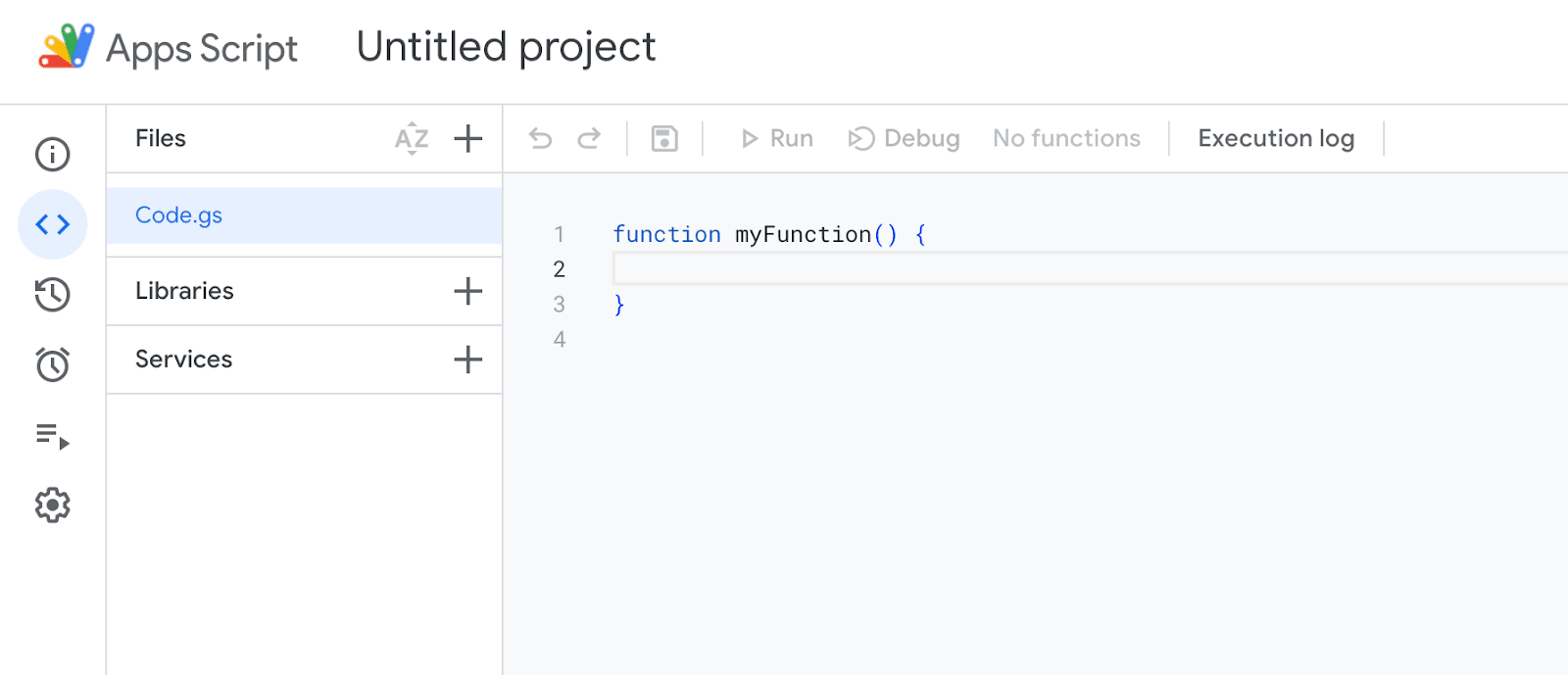 The Google Apps Script user interface, where users can integrate with and automate tasks across Google products.