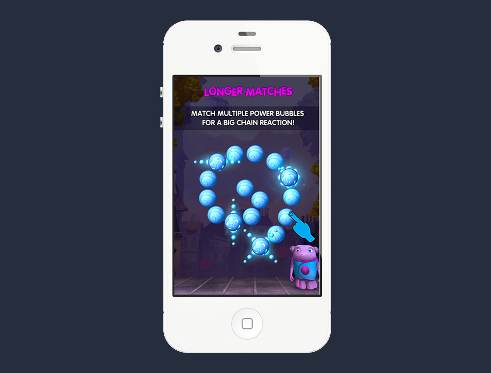 Onboarding flow explains the circular motion needed to advance levels. The instructions read “Match multiple power bubbles for a big chain reaction.”