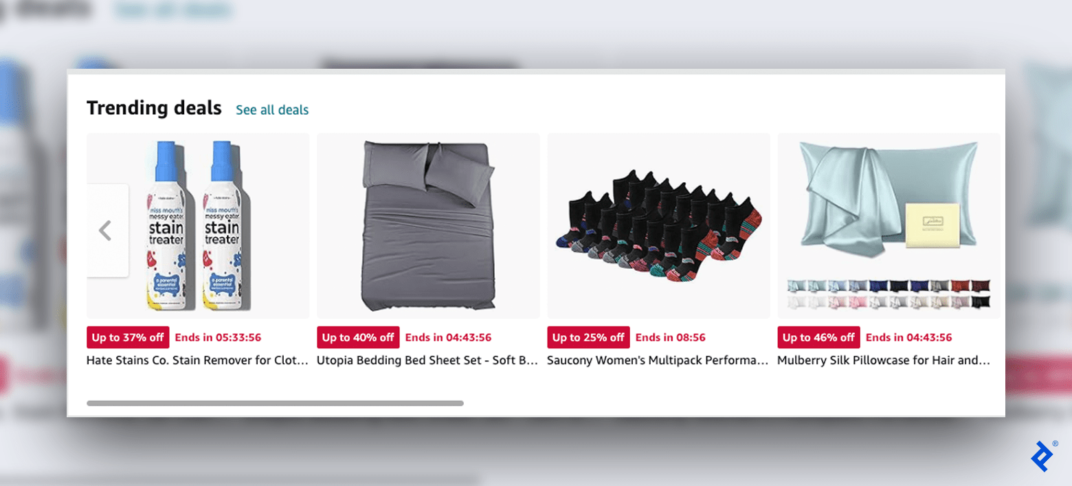 A screenshot of Amazon deals that include a timeframe for discounts, such as stain removers at 37% off for only six hours.