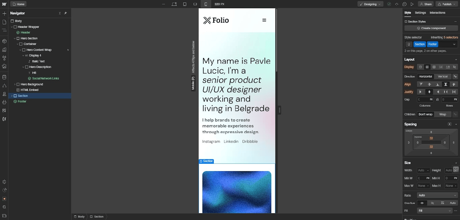 The mobile view of a web page is displayed in Webflow.