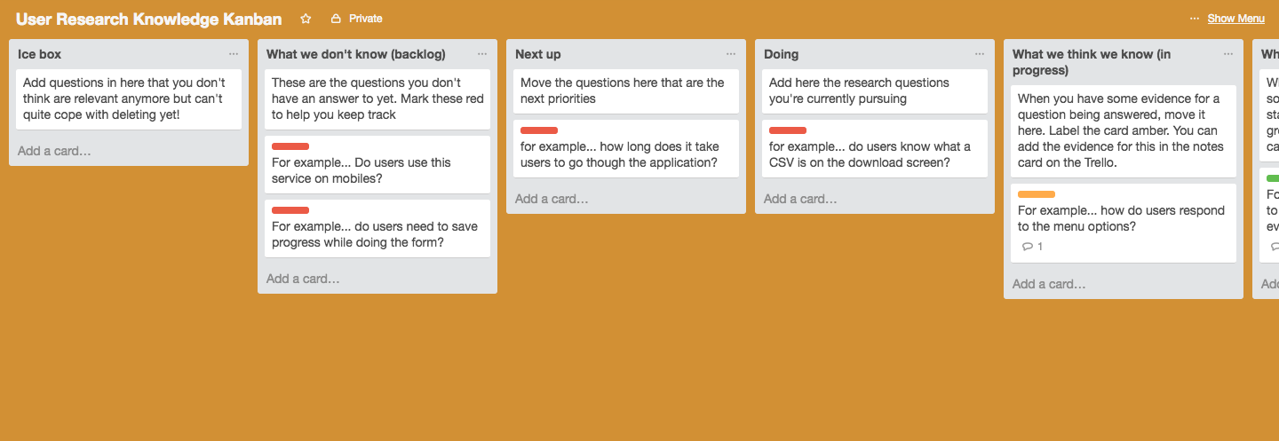 An example of a Trello board that tracks research requests. The board includes sample requests in categories such as âWhat we donât know (backlog),â âNext up,â and âDoing.â