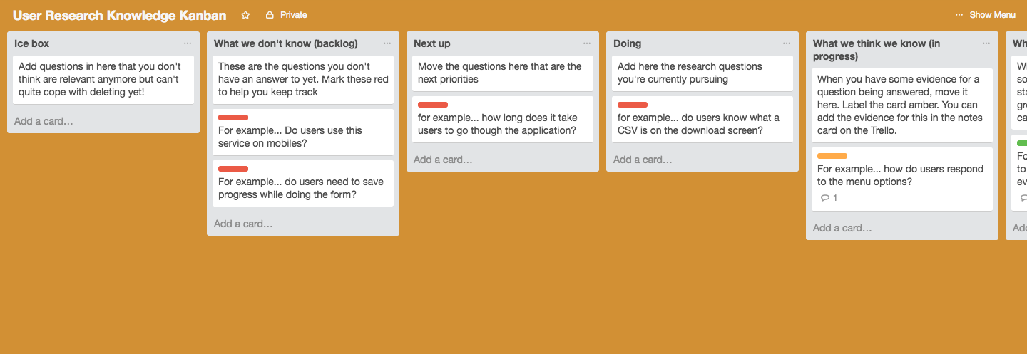 An example of a Trello board that tracks research requests. The board includes sample requests in categories such as “What we don’t know (backlog),” “Next up,” and “Doing.”