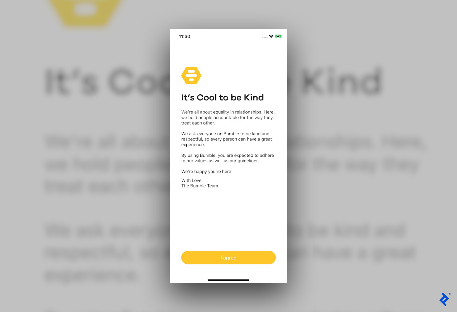 Bumble prioritizes user safety in their onboarding process, gently reminding new users on their guidelines.