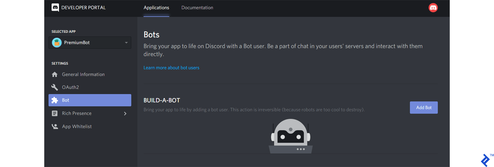 screenshot of adding a bot user