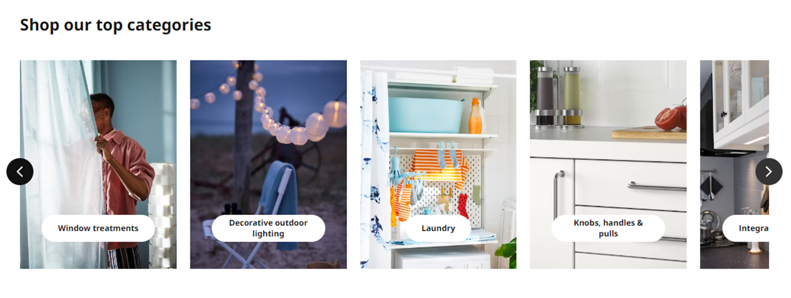 Image carousel showing four product categories on the Ikea website.