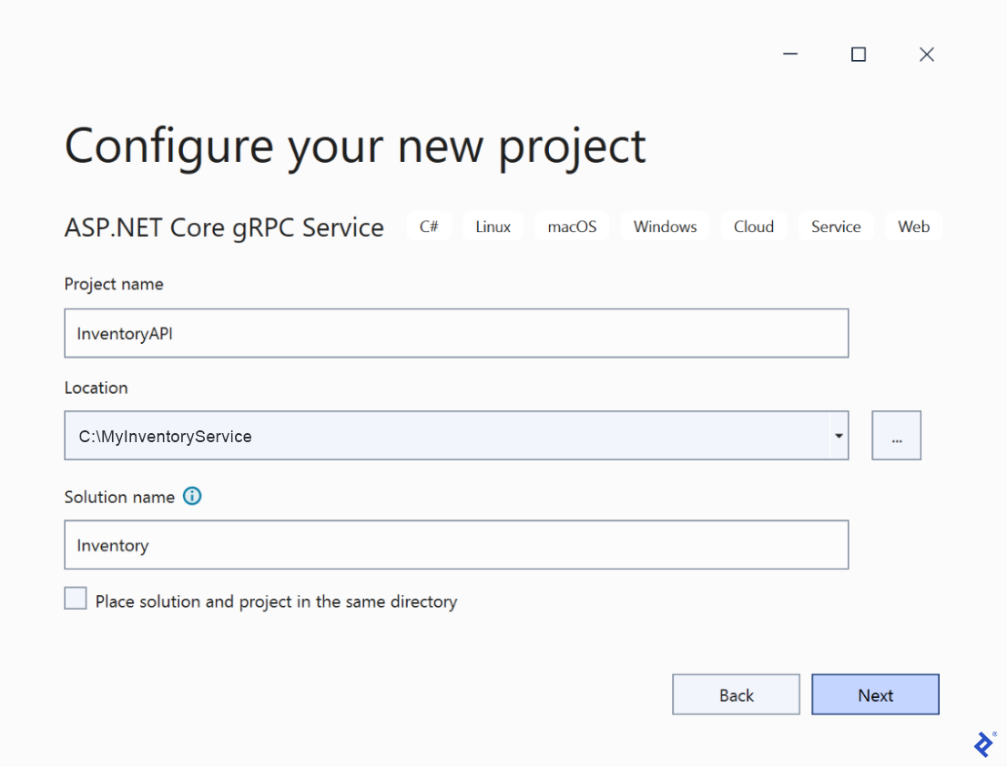 A "Configure your new project" dialog within Visual Studio 2022. In this screen we typed "InventoryAPI" in the Project name field, we selected "C:\MyInventoryService" in the Location field, and typed "Inventory" in the Solution name field. We left "Place solution and project in the same directory" unchecked.