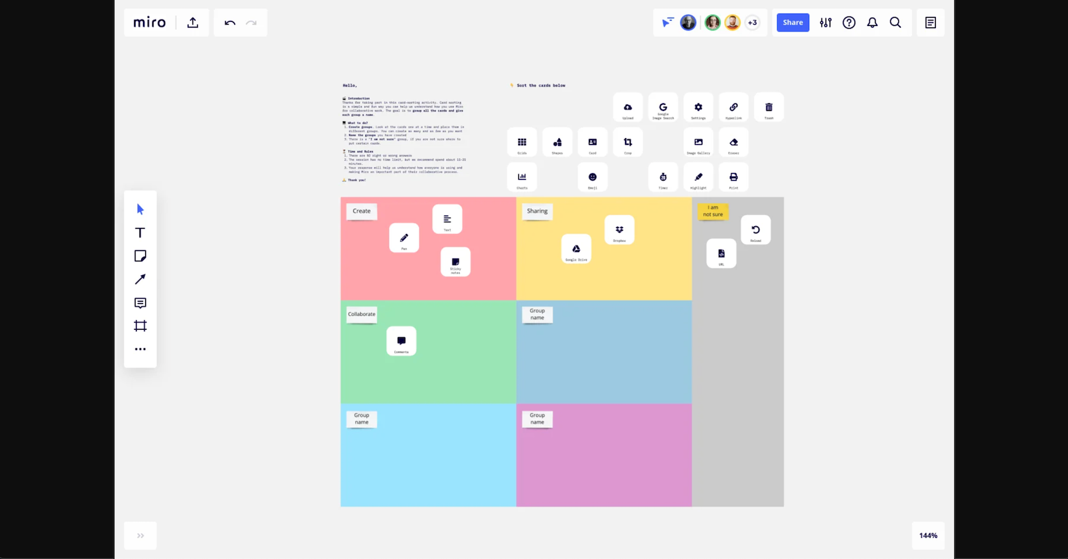 A screenshot of a Miro screen showing small squares or cards marked with various icons scattered across a six-square grid as well as clustered above the grid in a holding area and in a gray rectangle on the grid's right.