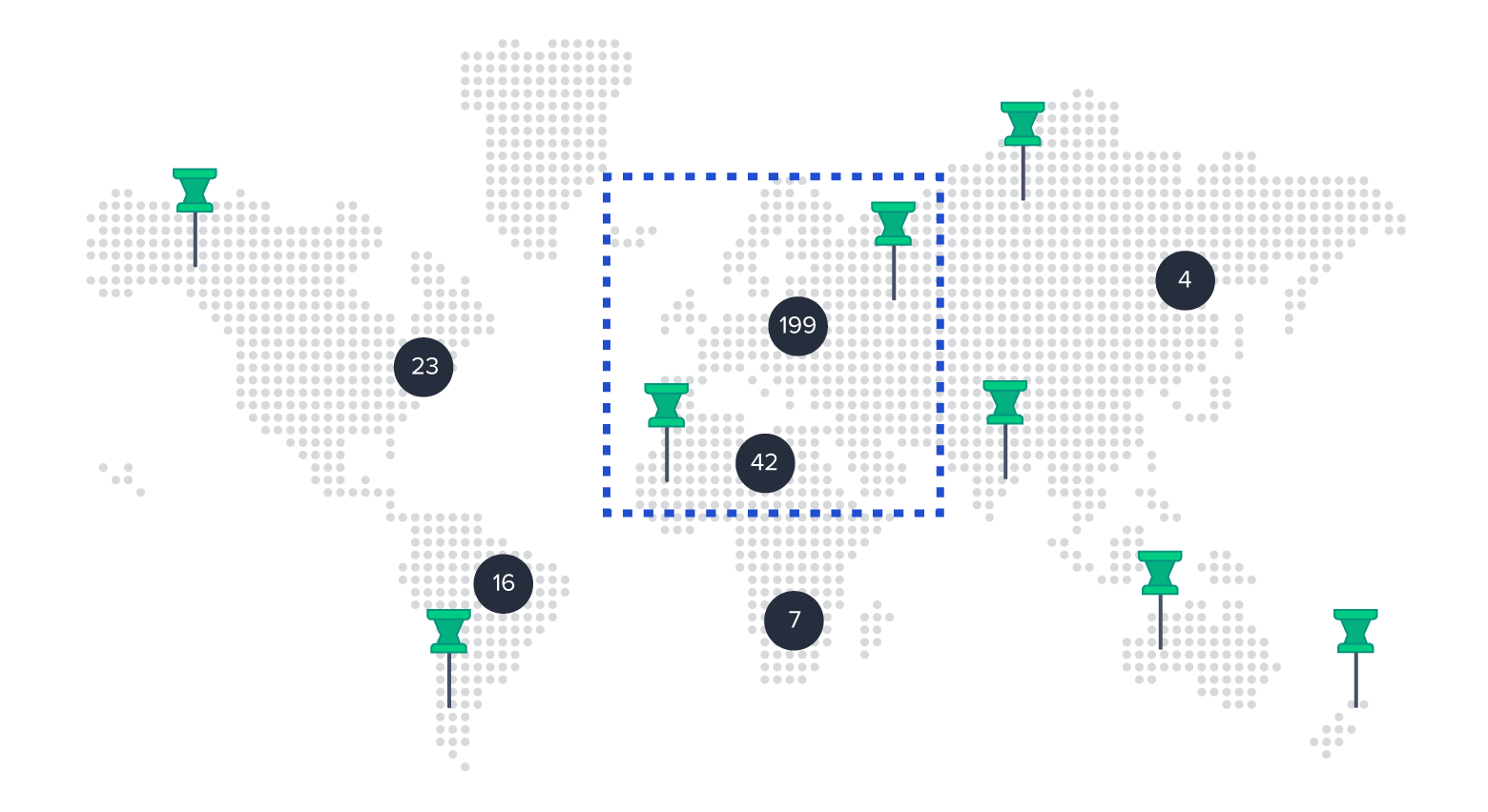 A 2D world map with several thumbtacks, several circles with numbers in them, and a square, dotted boundary encompassing Europe and half of Africa.