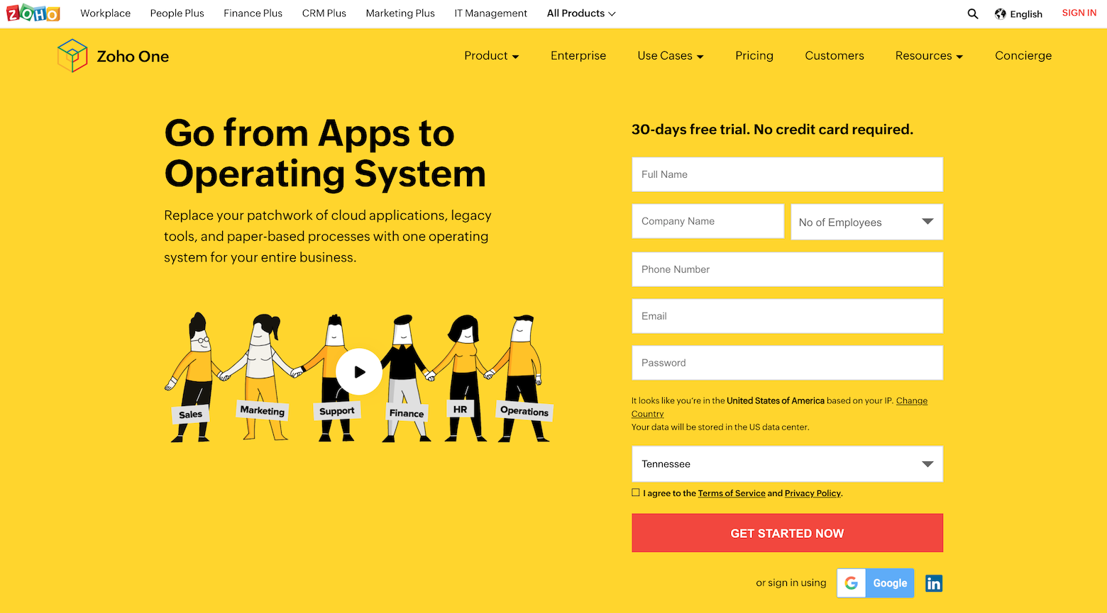 A yellow screen featuring a white top menu bar that reads Zoho, followed by a list of product offerings. Below the menu bar, oriented to the right, is the local menu for the product Zoho One, which enumerates links specific to the Zoho One product, like Use Cases and Pricing.