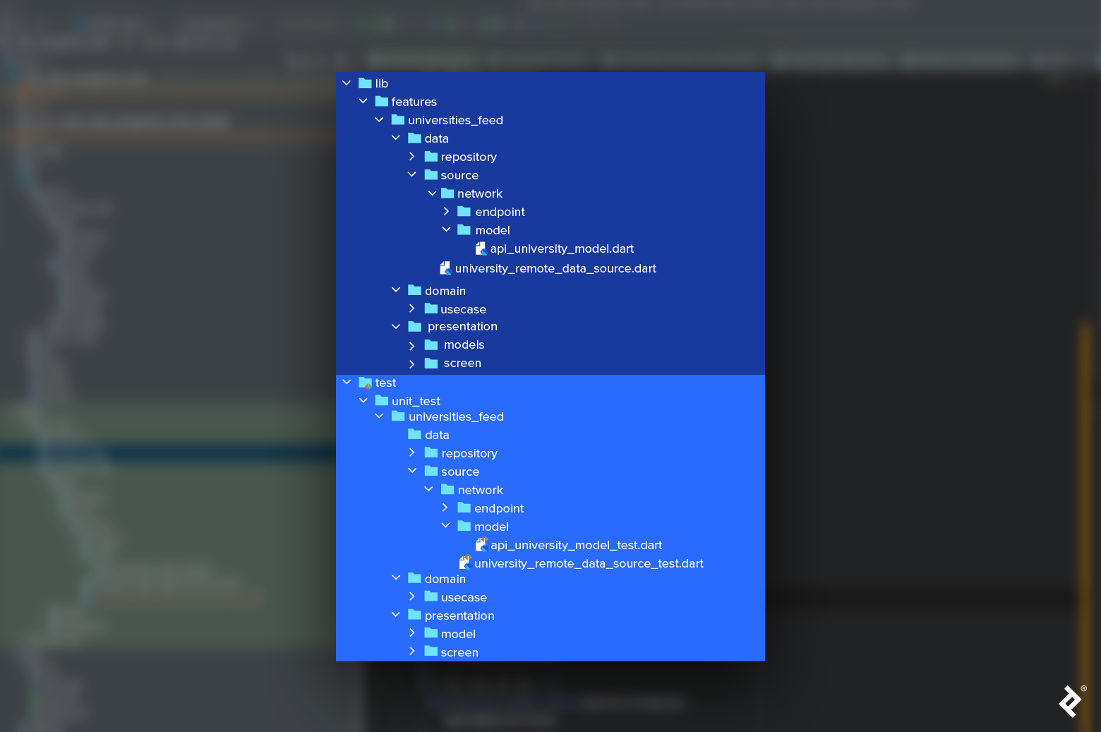 File folder structure with two first-level folders: lib and test. Nested beneath lib we have the features folder, further nested is universities_feed, and further nested is data. The data folder contains the repository and source folders. Nested beneath the source folder is the network folder. Nested beneath network are the endpoint and model folders, plus the university_remote_data_source.dart file. In the model folder is the api_university_model.dart file. At the same level as the previously-mentioned universities_feed folder are the domain and presentation folders. Nested beneath domain is the usecase folder. Nested beneath presentation are the models and screen folders. The previously-mentioned test folder's structure mimics that of lib. Nested beneath the test folder is the unit_test folder which contains the universities_feed folder. Its folder structure is the same as the above universities_feed folder, with its dart files having "_test" appended to their names.
