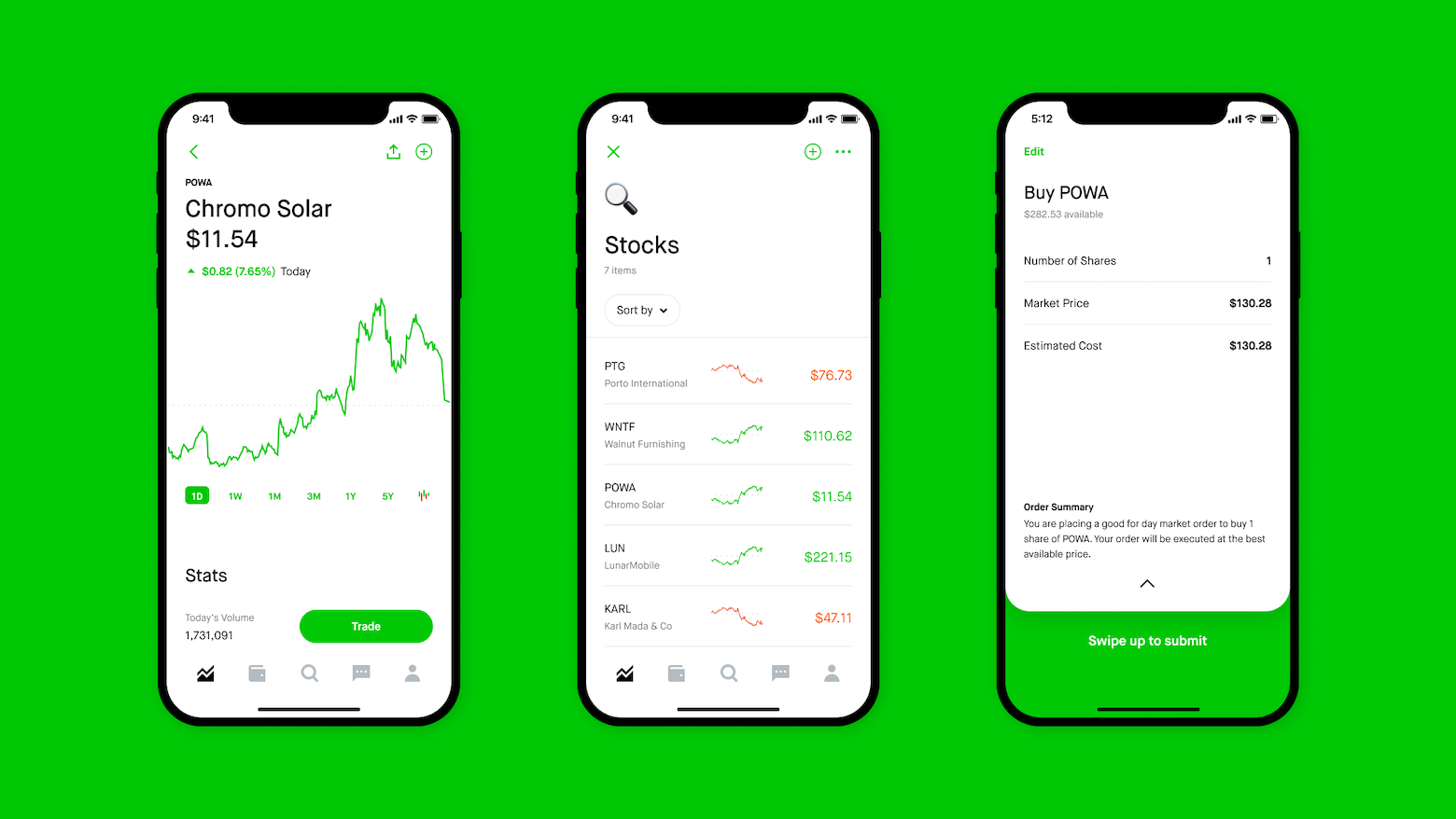 A green rectangle showing three smartphone screencaps of the Robinhood investing app. The first shows the performance of Chroma Solar, the next shows a list of stocks and prices, and the third shows a purchase screen for POWA stock.