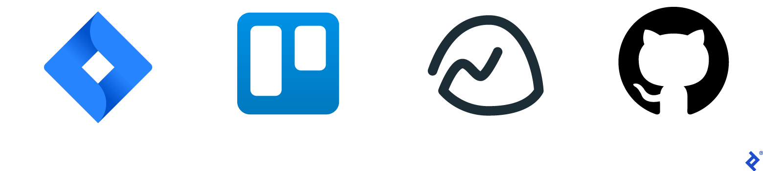 This graphic shows logos for four project management tools: Jira, Trello, Basecamp, and GitHub.