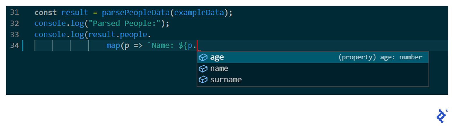 Three suggestions (age, name, and surname) that popped up in response to typing "map(p => `Name: ${p." The first suggestion is highlighted and has "(property) age: number" beside it.