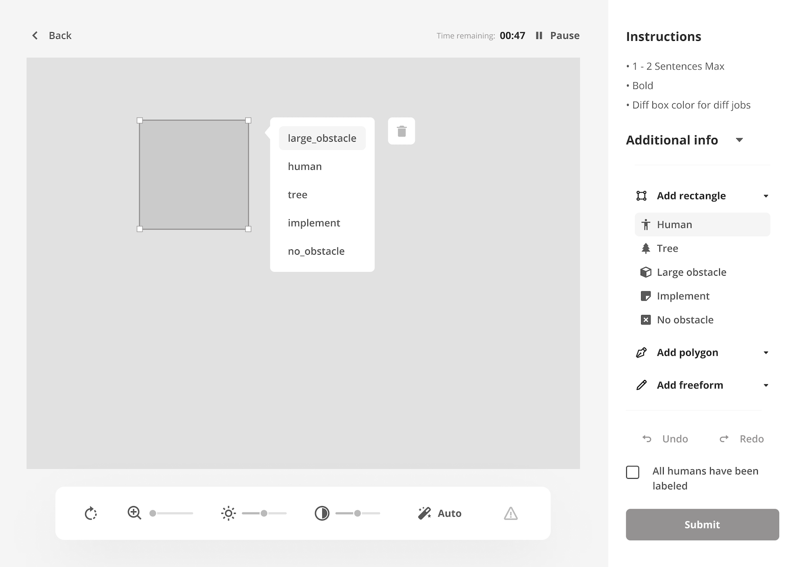 Screenshot of a very basic grayscale prototype indicating the general layout of the operator dashboard. There is a large central frame where the image to be reviewed would go, a sample design for a shape selection, an example contextual menu, and a right-hand control panel where commands would reside.