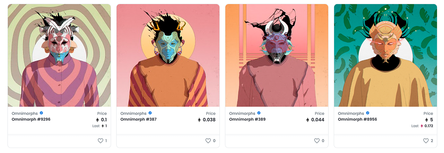 Four NFTs from the Omnimorphs collection. Each NFT is a different avatar, with prices ranging from .038 ETH to 5 ETH.