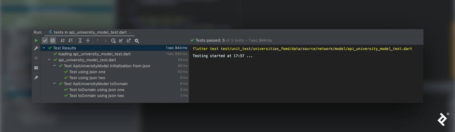 Screenshot indicating that five out of five tests passed. Header reads: Run: tests in api_university_model_test.dart. Left panel of the screen reads: Test results---loading api_university_model_test.dart---api_university_model_test.dart---Test ApiUniversityModel initialization from json---Test using json one---Test using json two---Tests ApiUniversityModel toDomain---Test toDomain using json one---Test toDomain using json two. The right panel of the screen reads: Tests passed: five of five tests---flutter test test/unit_test/universities_feed/data/source/network/model/api_university_model_test.dart