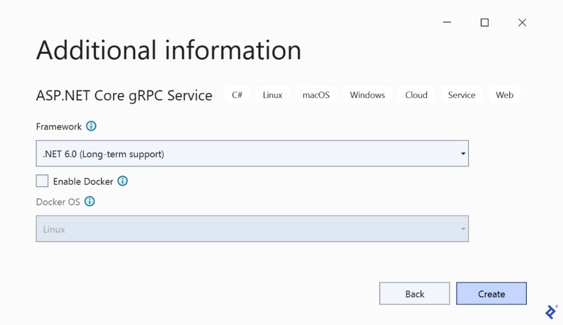 An Additional information dialog within Visual Studio 2022. In this screen we selected ".NET 6.0 (Long-term support)" from the Framework dropdown. We left "Enable Docker" unchecked.