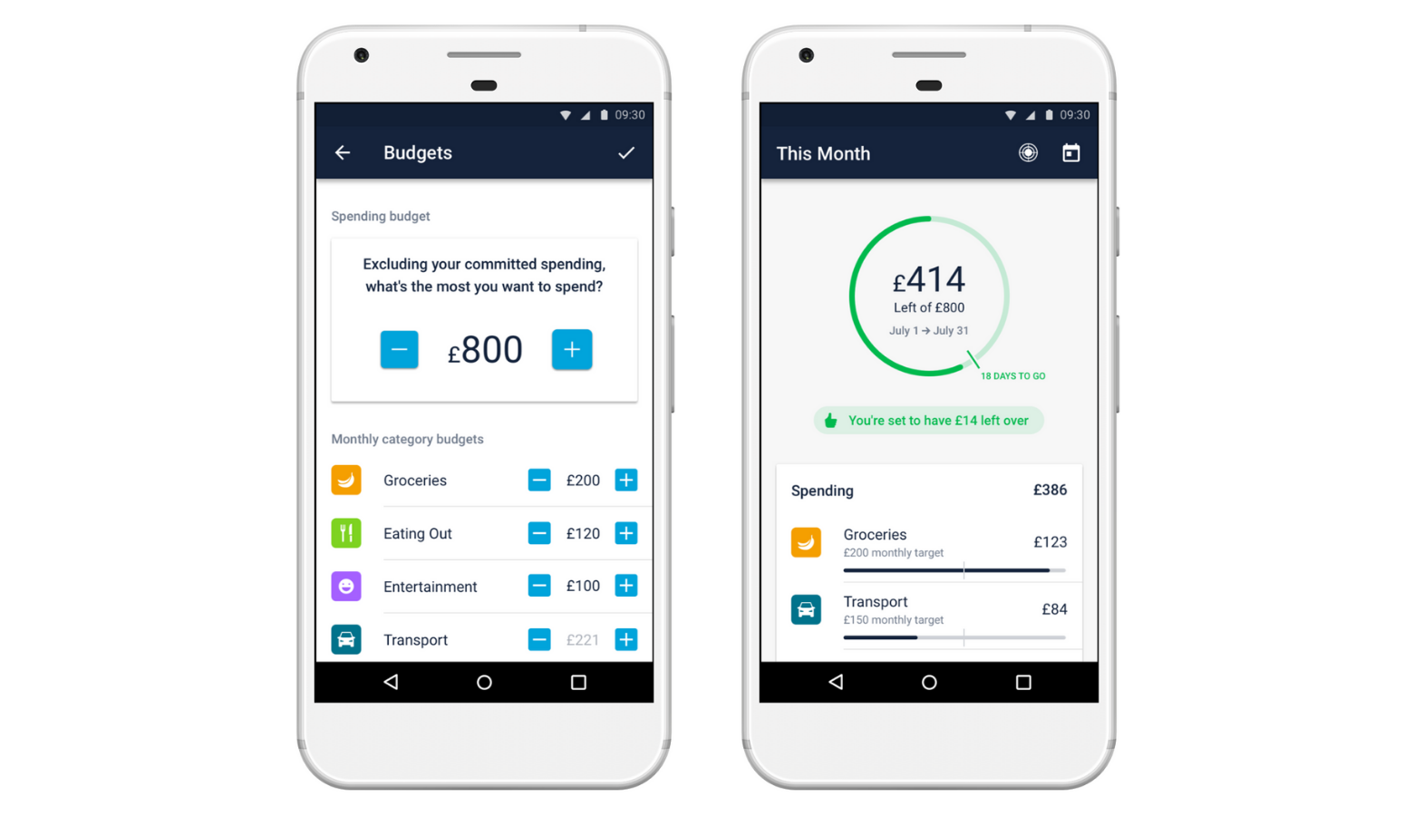 Two smartphone screencaps from the Monzo app. The one on the left shows a budgeting allocation tool, and the one on the right shows a budgeting dashboard.