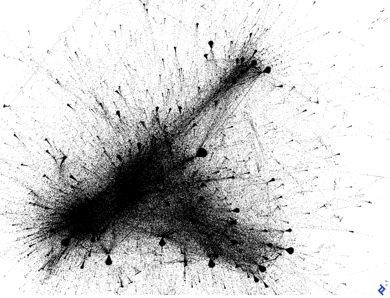 An image showing the output of the ForceAtlas2 layout in black and white, resulting in a graph with no colors or shades of gray.