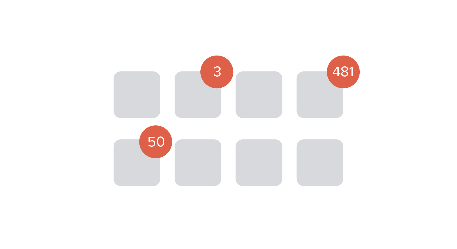 One of the main mobile design best practices is using notifications sparingly and thoughtfully, to avoid annoying your users. Illustration of eight squares representing components. Three have numbers indicating notifications. One has the number 3. Another has the number 50. And one has 481.