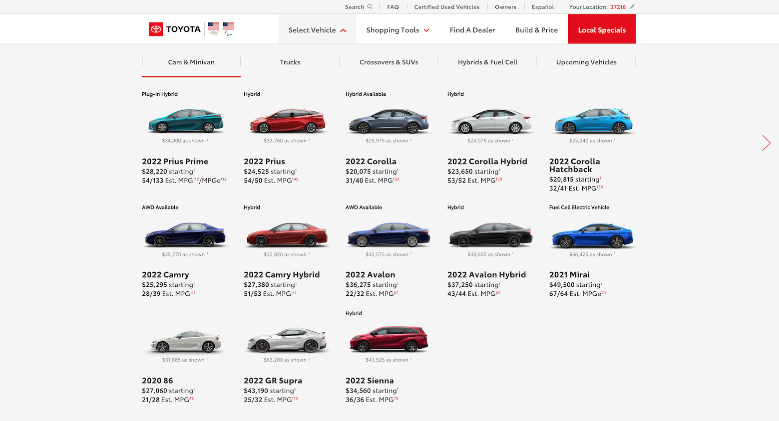 A light gray page displaying a mega menu on the Toyota website. Under the "Select Vehicles" tab and the "Cars & Minivans" submenu are an array of photographs of cars and minivans arranged by hybrid availability with the model name, price, and estimated gas mileage beneath each one.