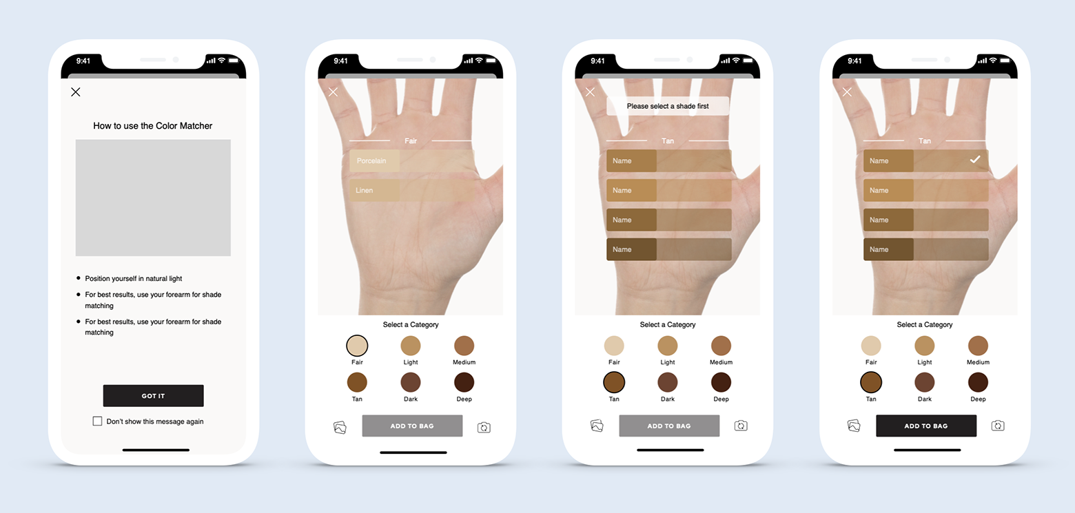 Four phone screens. The far left includes steps for using the Shade Matcher. On each of the next three is a hand and under it are six circles of different skin tones. Under that is an "Add to Bag" button. The left hand shows two bars of the fair shades across the palm, showing how users will see a shade against their own skin tone. The middle and right hands each have four bars of "tan" shades across the palm.